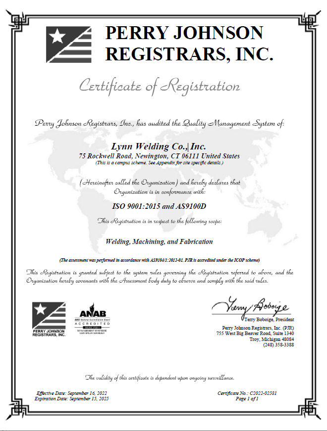 Lynn Welding iso9001 & as9100d approved